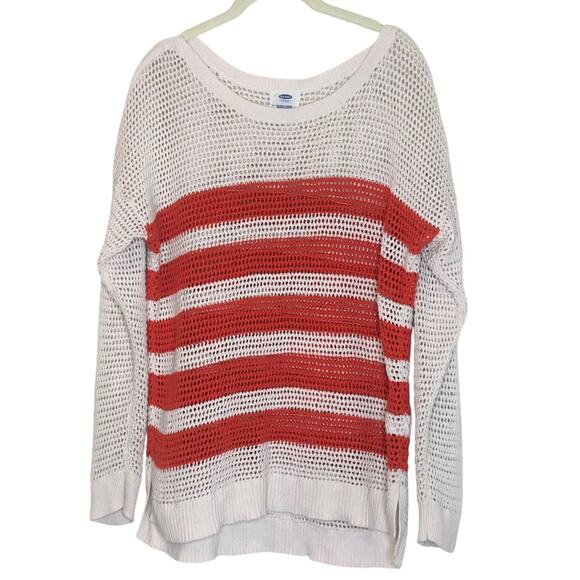 Old Navy Womens Sweater XL Open Knit Orange and White Striped - Picture 1 of 5